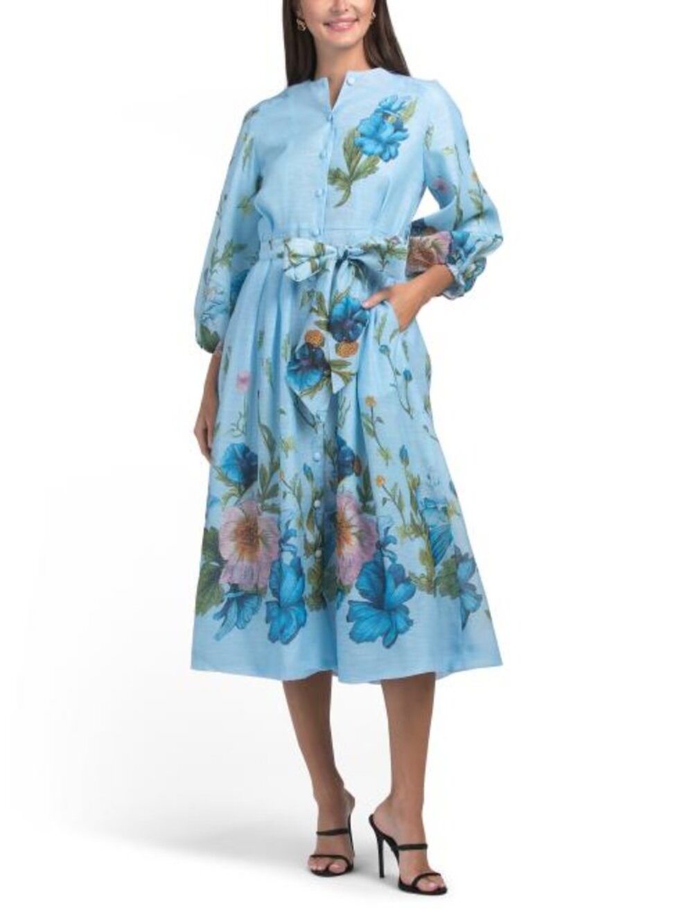 NANCY YANG Belted Floral Shirt Dress